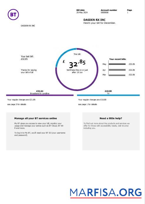 Blank United Kingdom BT telecommunications business utility bill template in Word and PDF formats, version 2